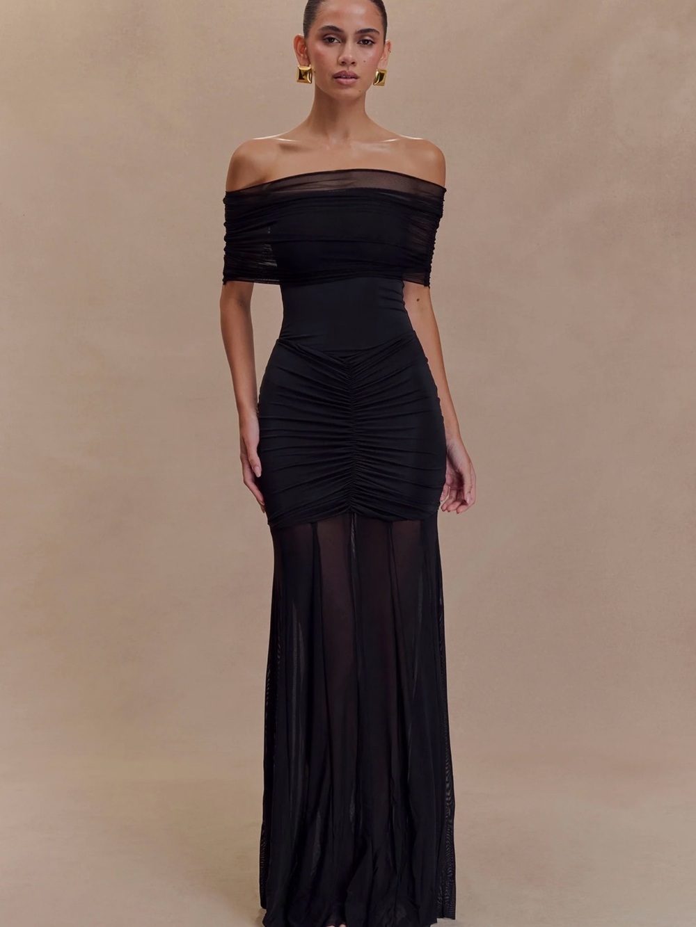 Meshki Black Off-Shoulder Ruched Sheer Maxi Dress